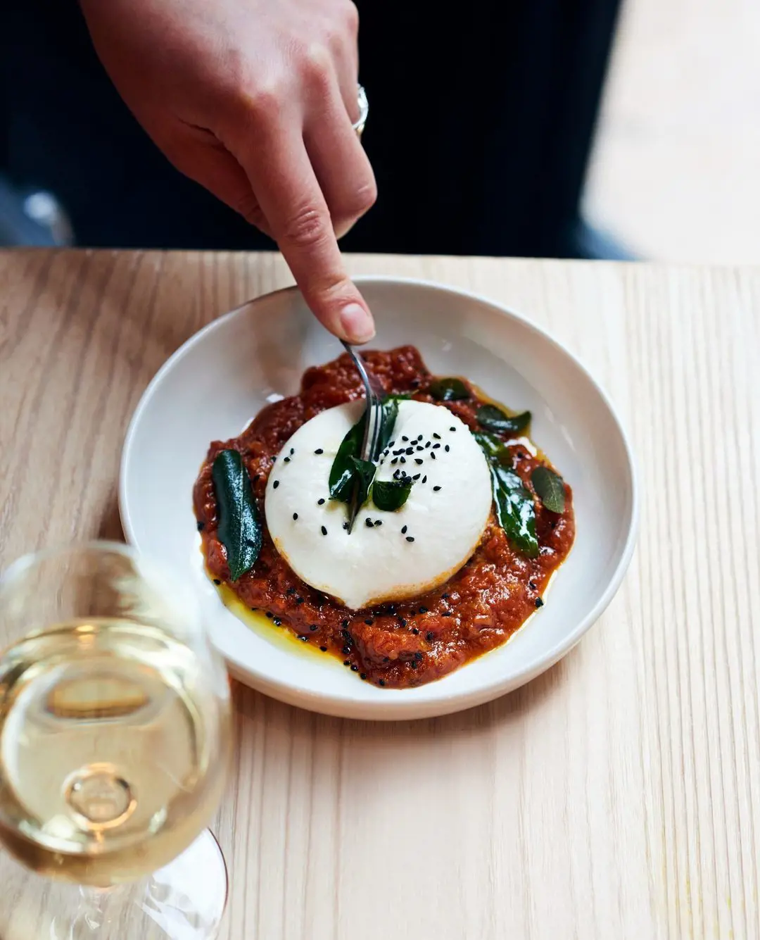 Burrata, spiced tomato and ginger relish, nigella, curry leaves⁠