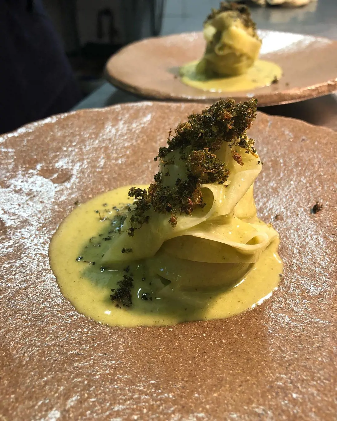 Kohlrabi ‘Tagliatelle’ with Seaweed Butter Sauce & Crispy Broccoli