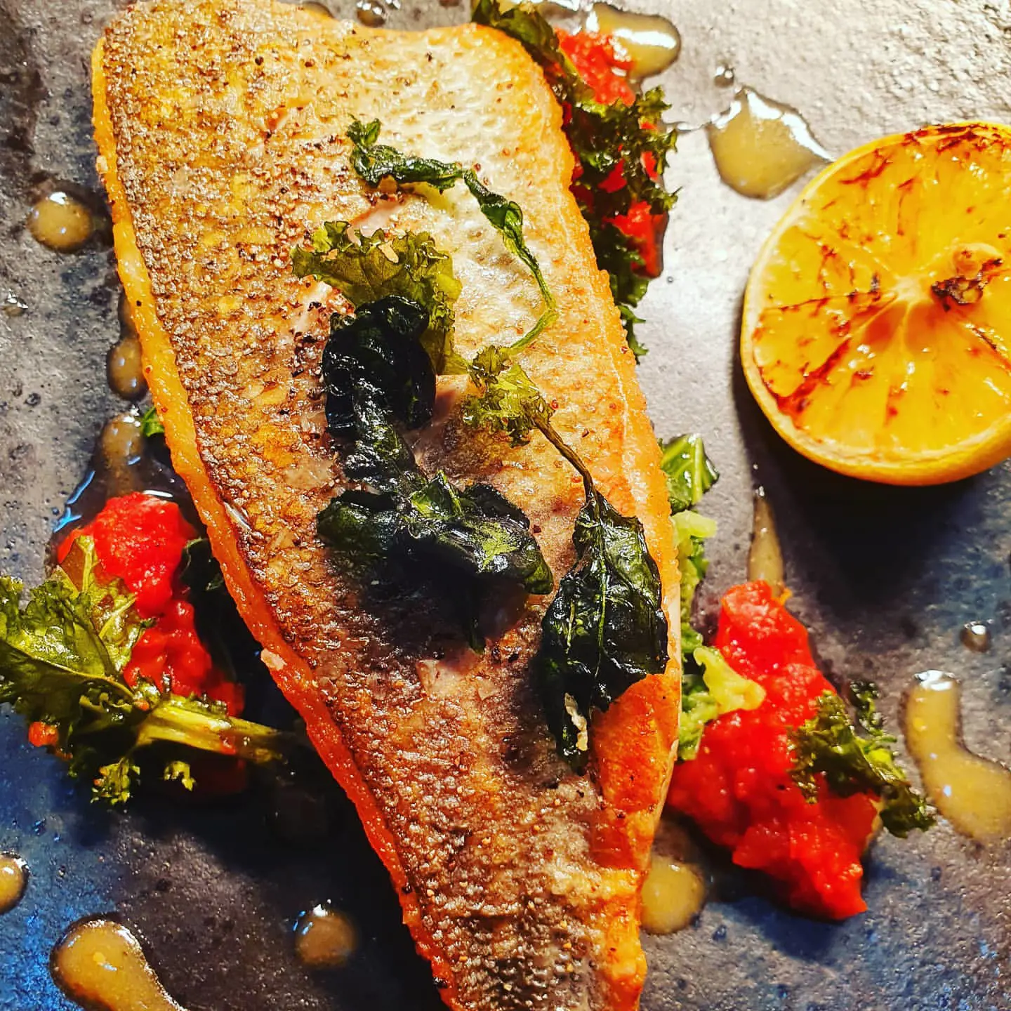 Grilled Seabass with a Tomato & Lemon relish.