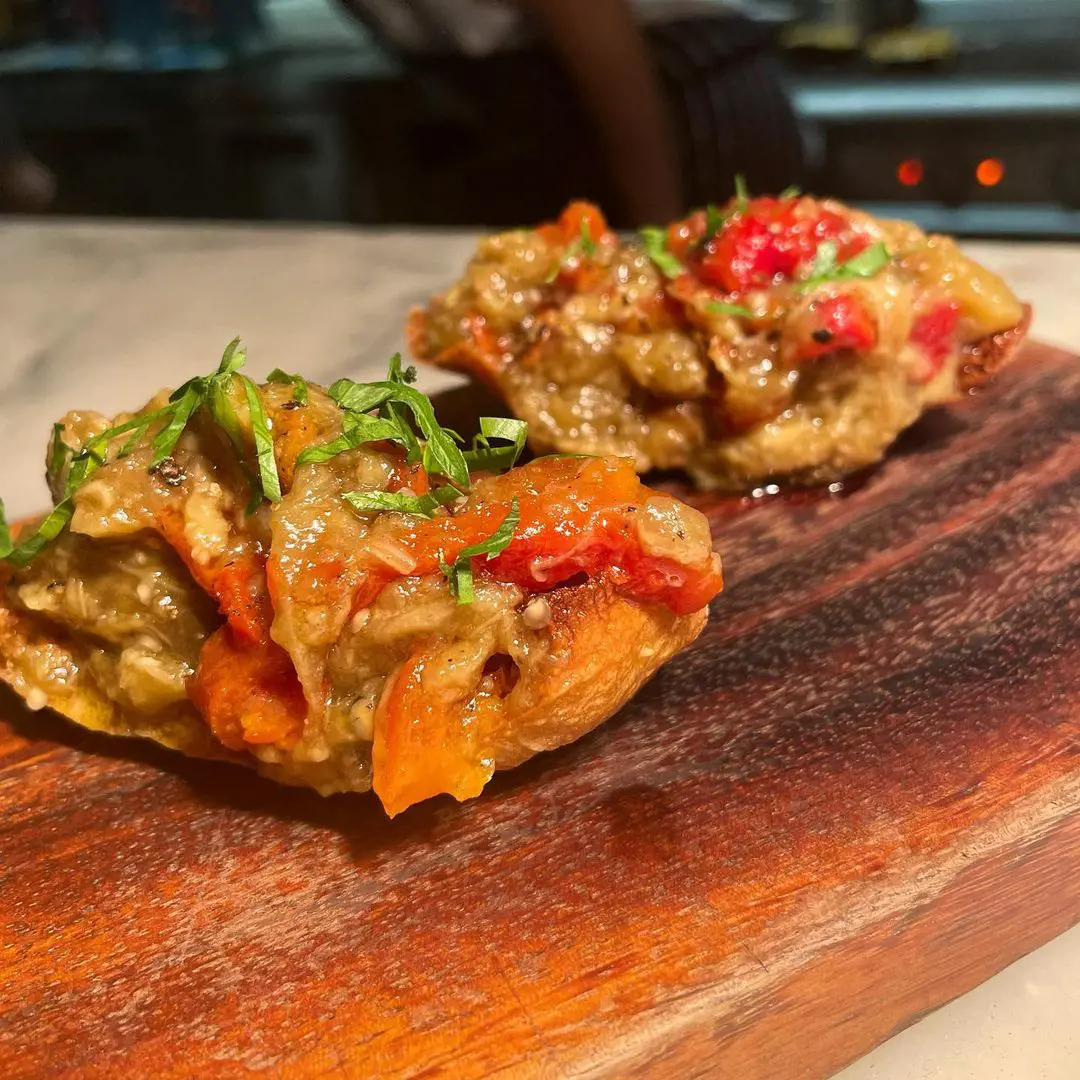 Aubergine and red pepper pinxtos