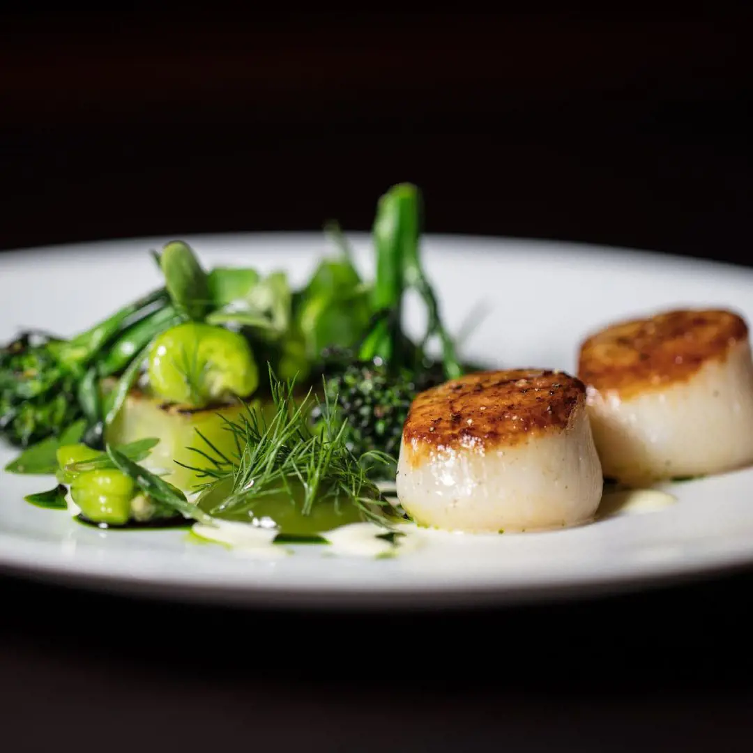 Roast Scallops, cucumber ketchup, roasted cucumber and charred broccoli