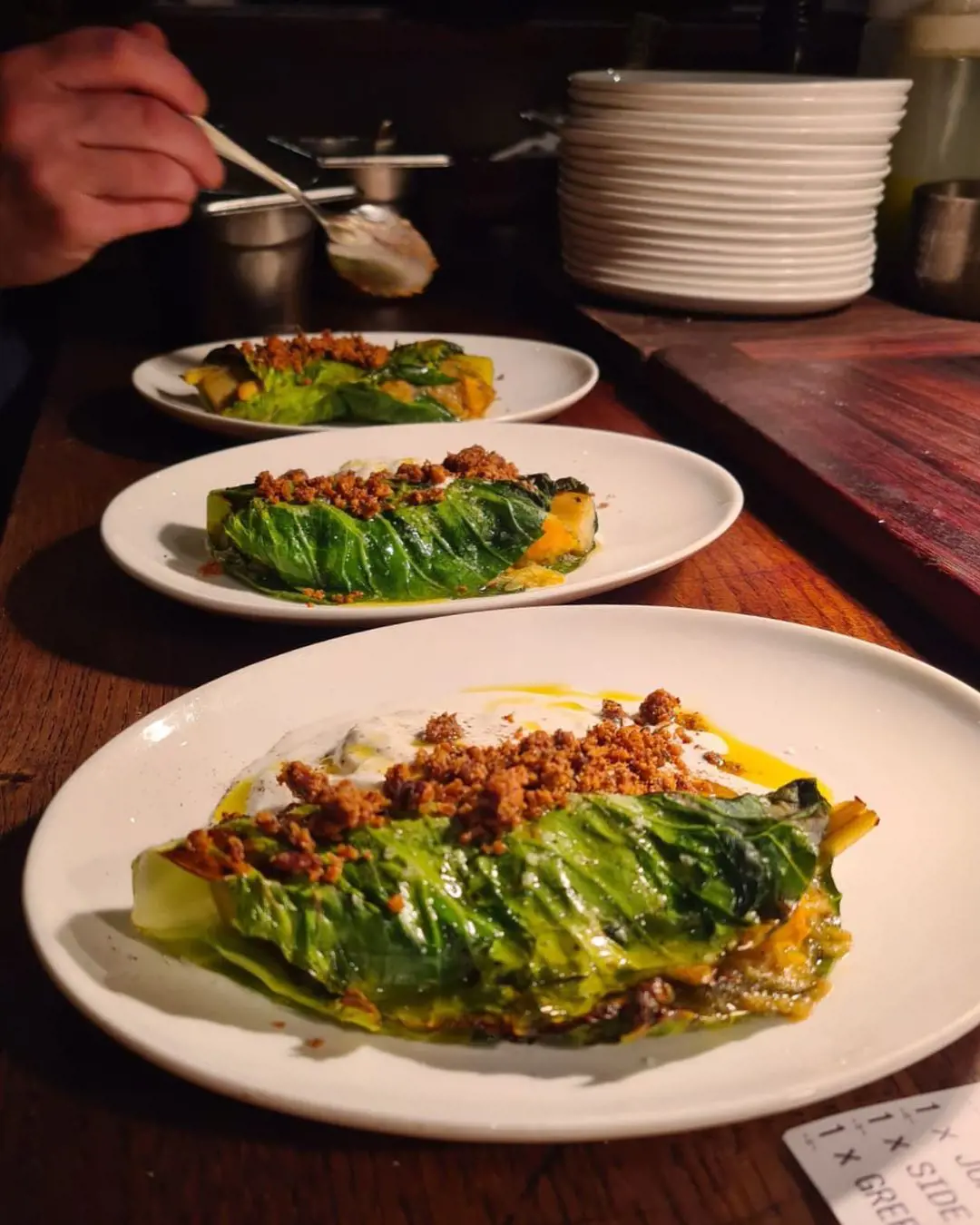 Wood roasted cabbage with braised courgettes, ember leeks, walnuts & fresh cheese
