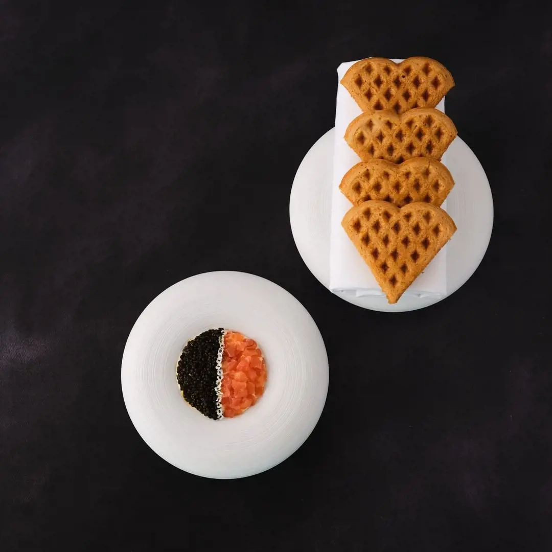 Diced smoked sturgeon, Exmoor caviar and cultured sturgeon mousse