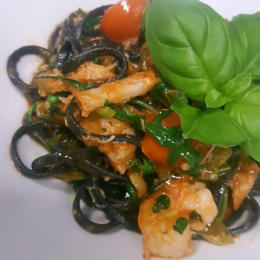 Black linguine with crab and prawns