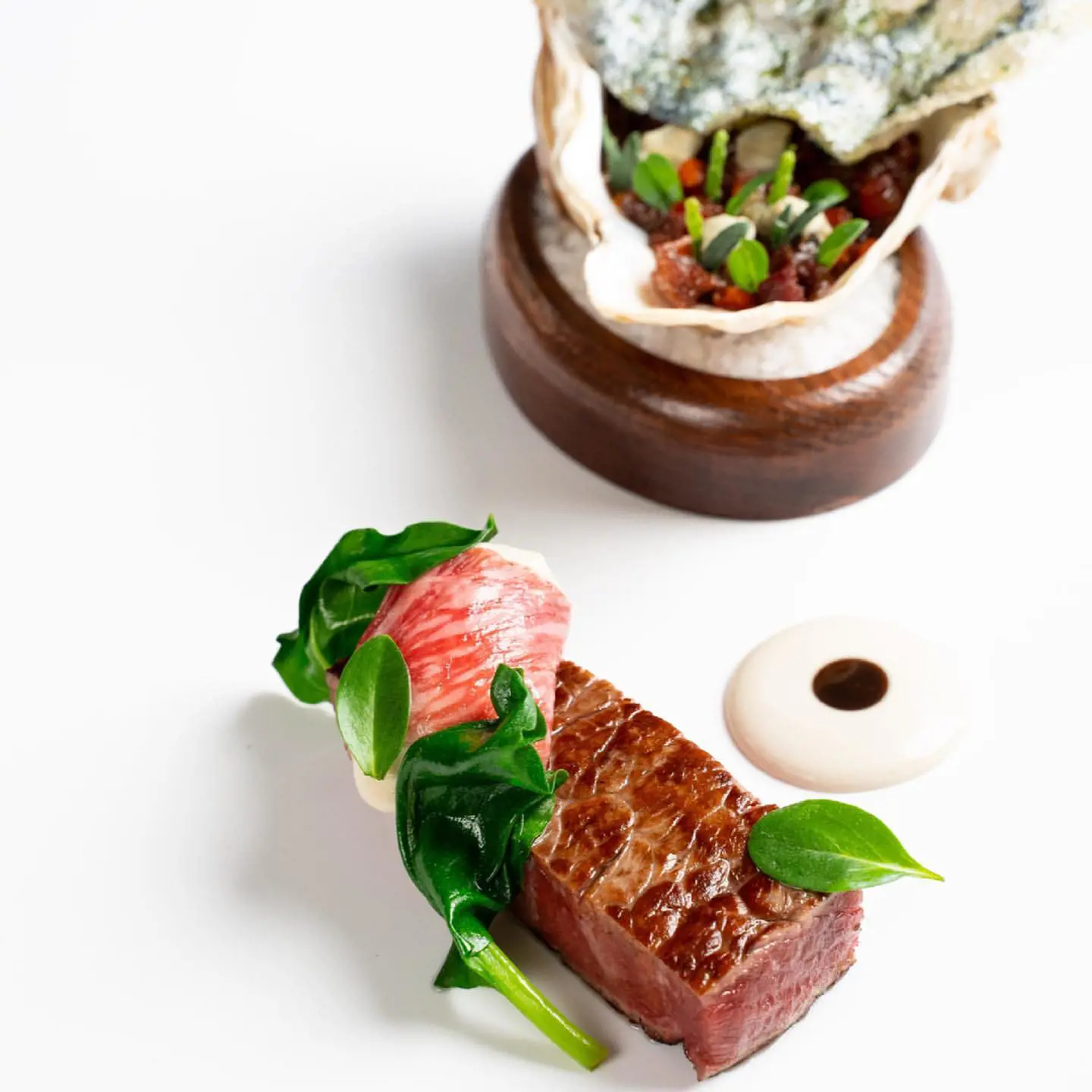 Highland wagyu beef and Porthilly oysters
