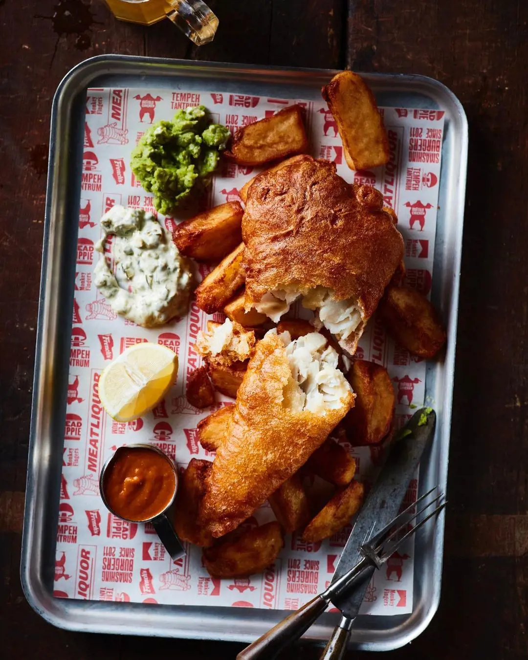 Triple cooked Chips, Tartare sauce and Mushy peas