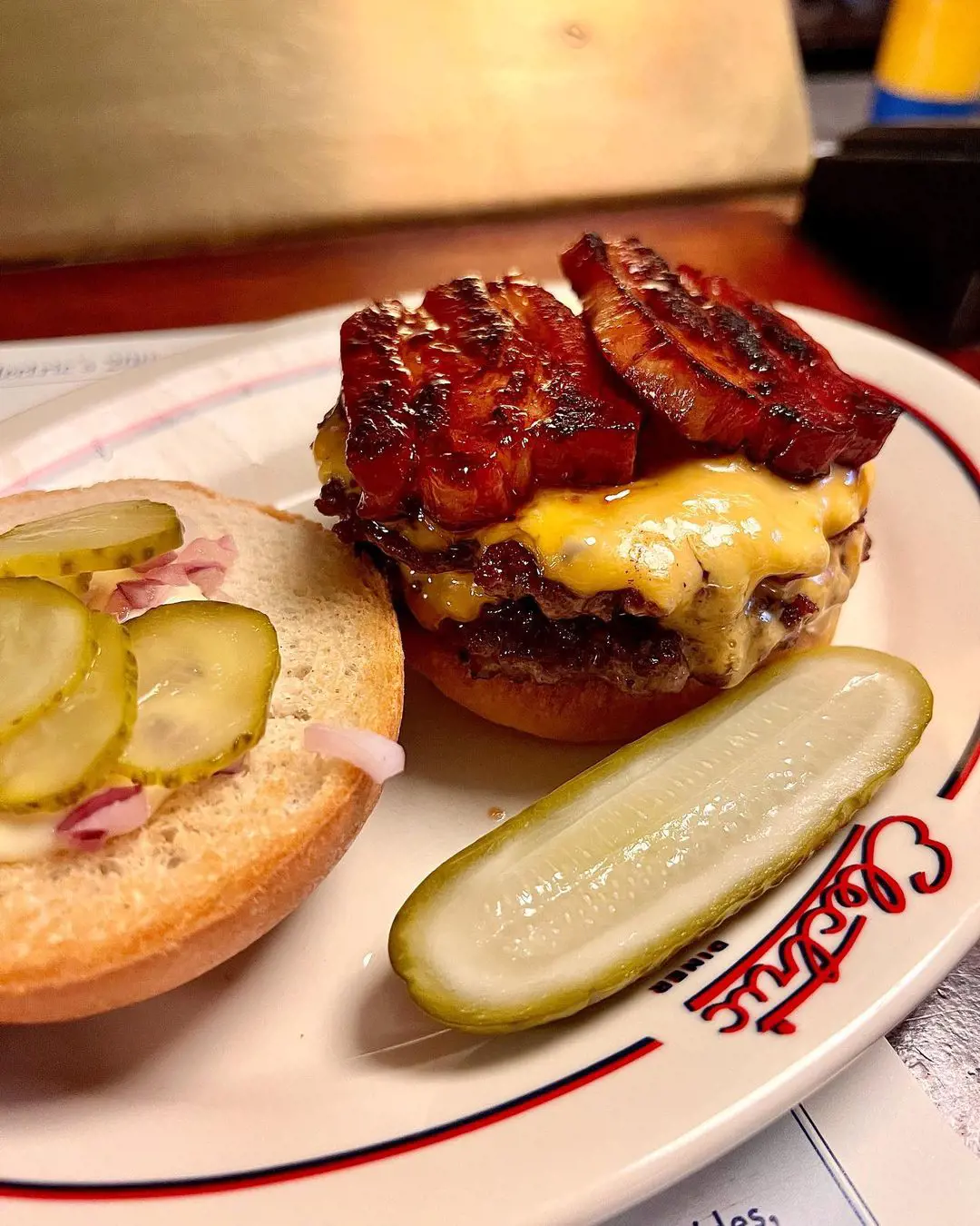 double cheese burger with the diner’s signature thick cut bacon