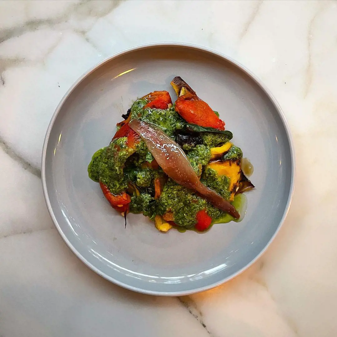 Grilled mixed peppers/ cantabrian anchovies/ salsa verde