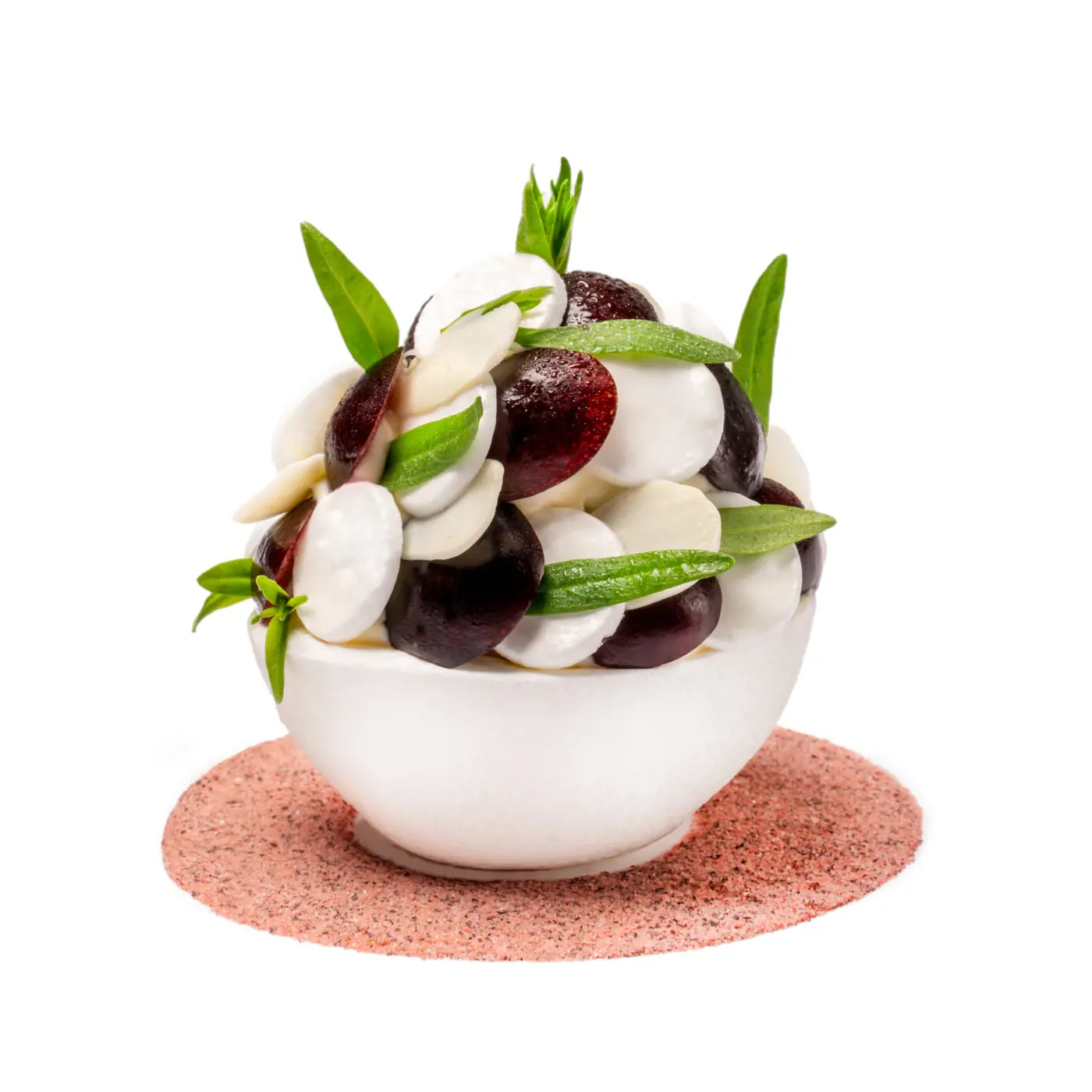 English cherry, meringue, almonds and anise hyssop.