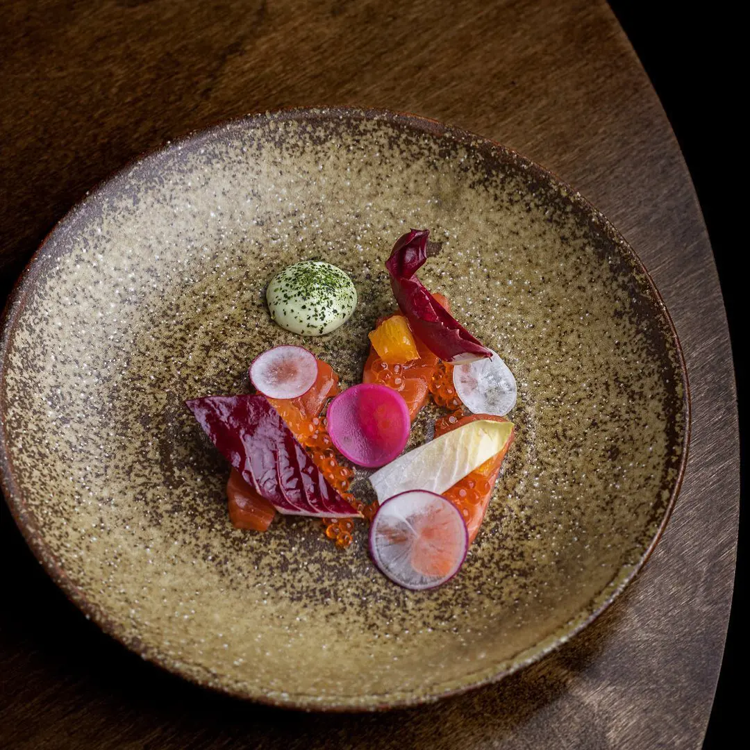 Cherry blossom cured sea trout, oyster emulsion, blood orange, roe dressing