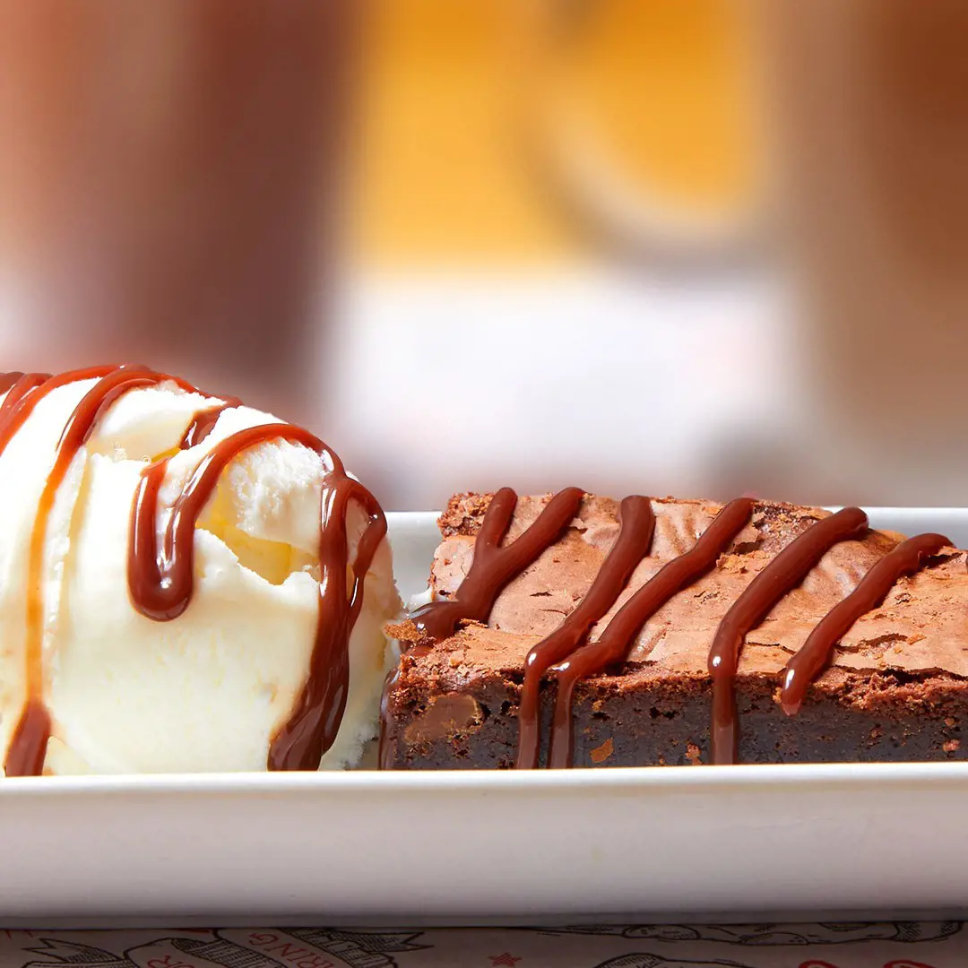 chocolate brownie and vanilla ice cream
