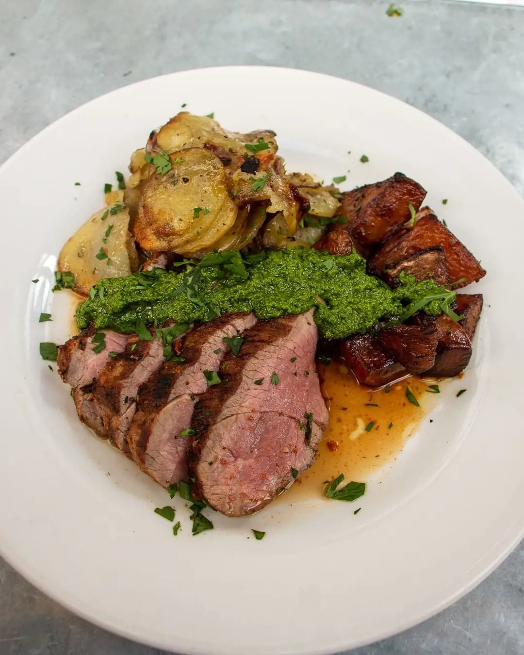 Charcoal grilled lamb, turnips steamed with sherry vinegar, thyme and crispy potatoes