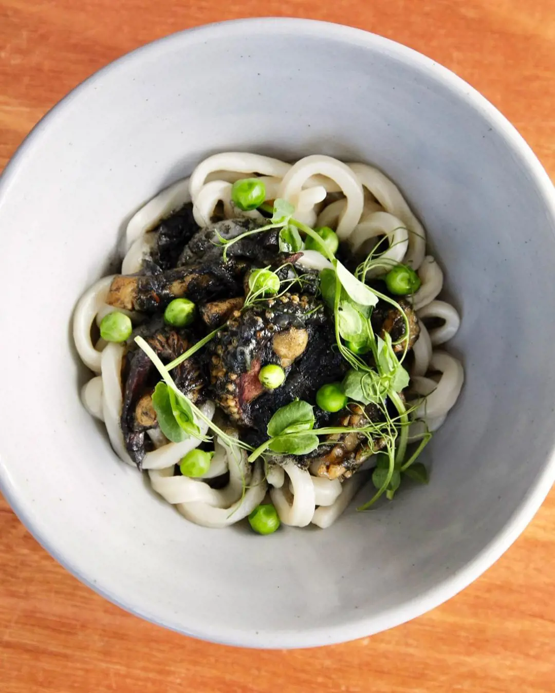 Cuttlefish, cuttlefish ink and pea udon
