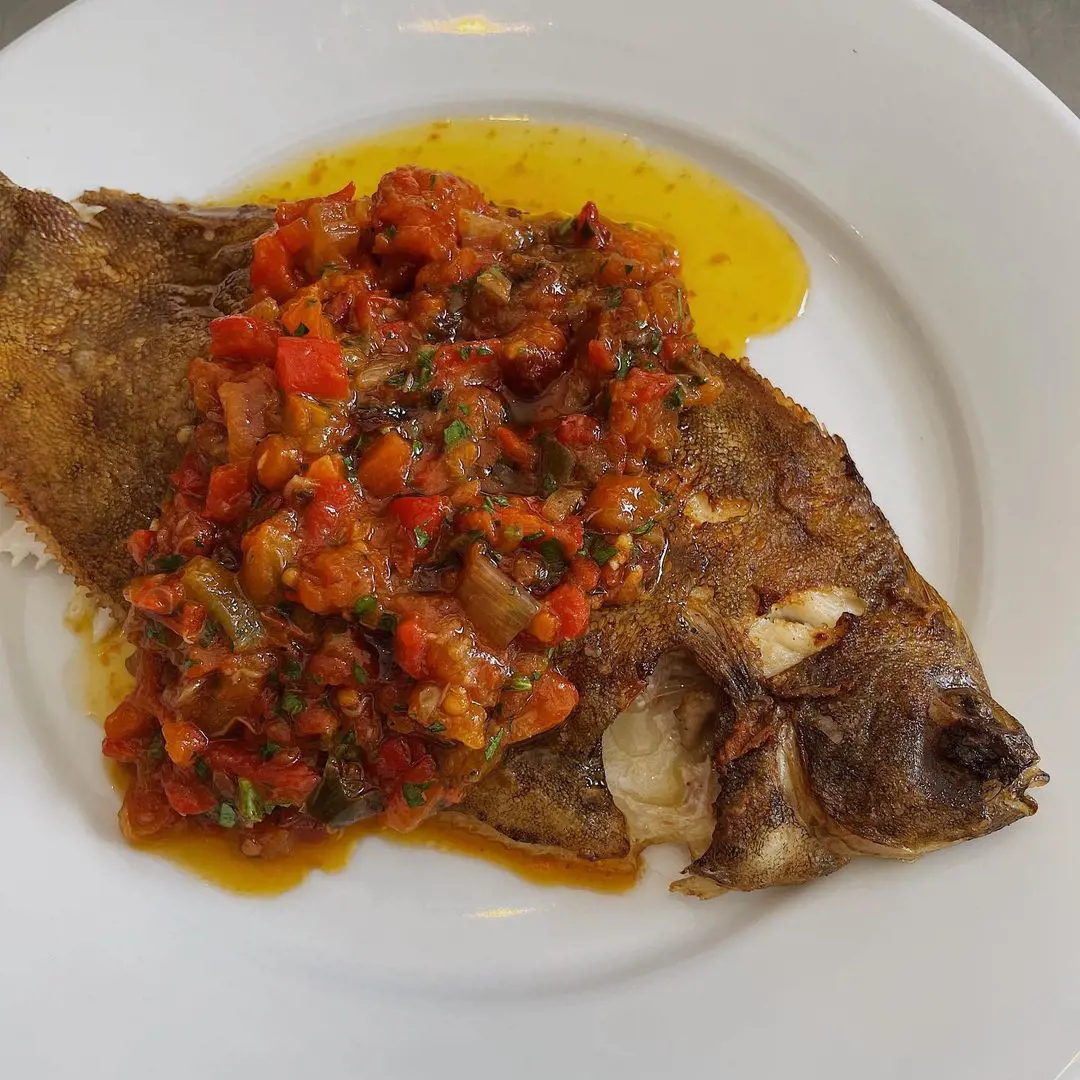 Whole grilled lemon sole with piperade