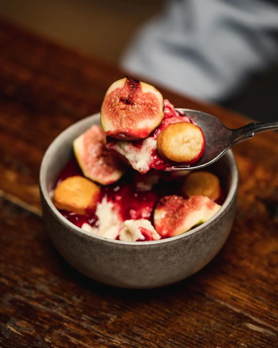 rice pudding with cherry compote, mini beignet and fresh figs