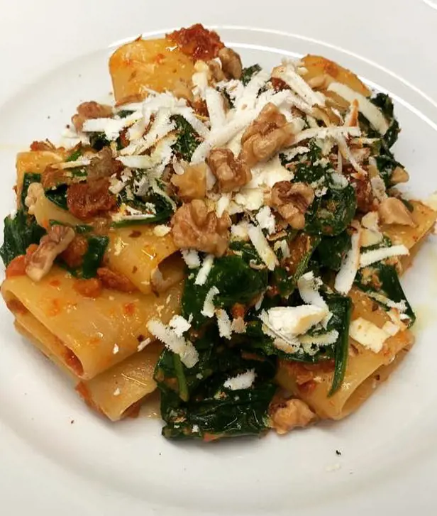 Paccheri Pasta with Sundried Tomatoes, Baby Spinach, Walnut and Aged Ricotta Cheese