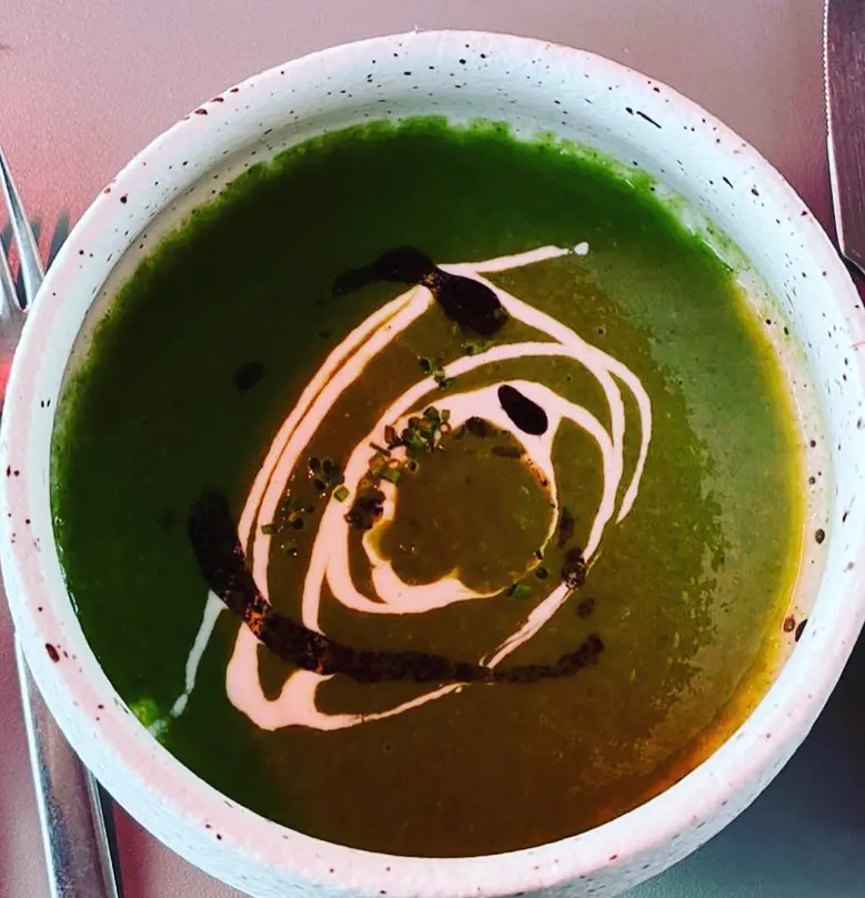 Spinach and Jersey Royal soup, buttermilk and truffle