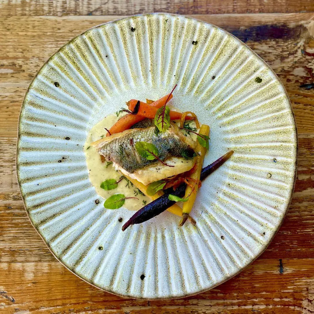 Sea bass, heritage carrots, dill veloute