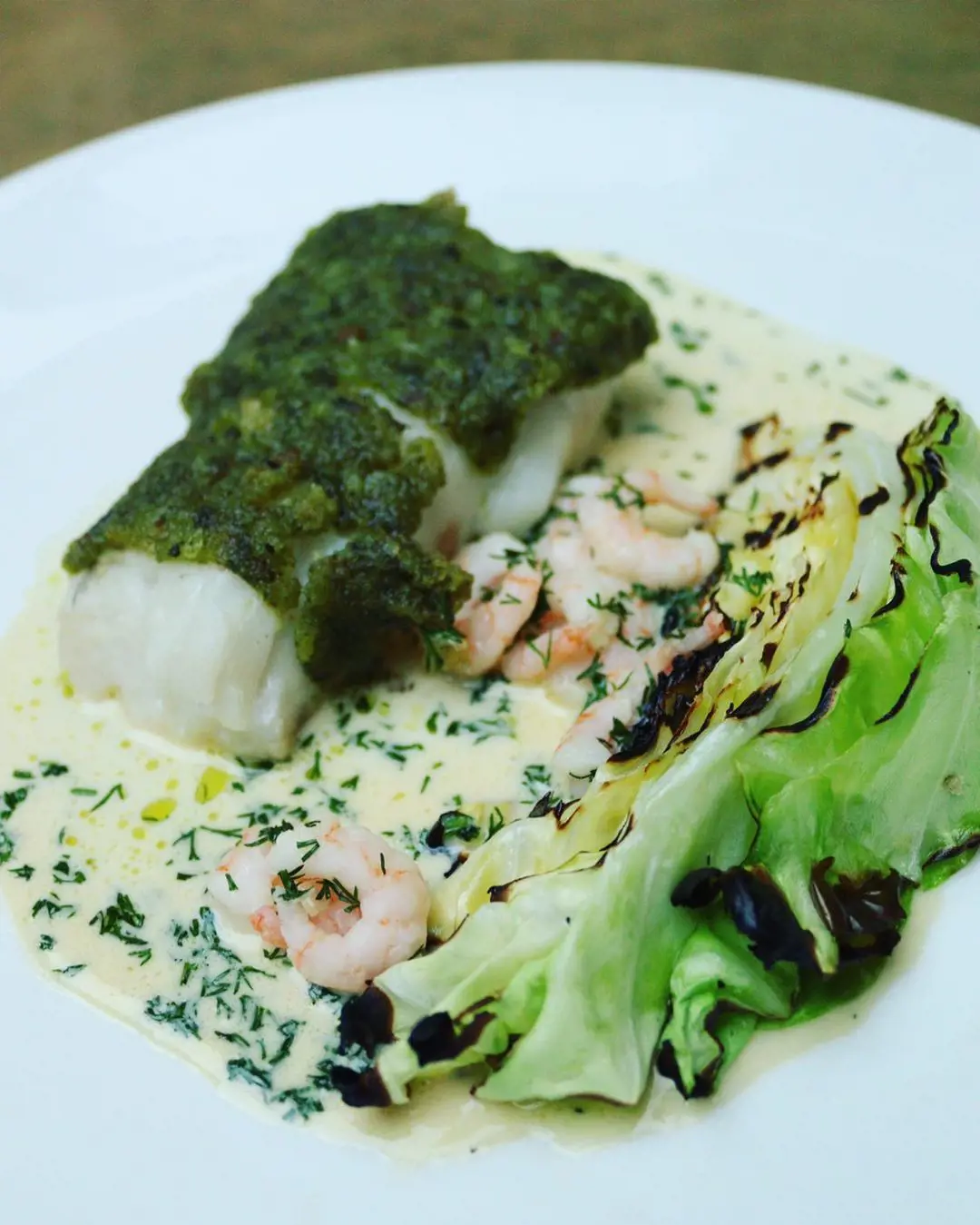 RoastedCrusted Cod with Prawns and Creamed Dill Sauce
