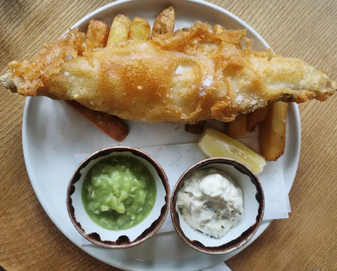 Butcombe Gold beer battered fish and chips