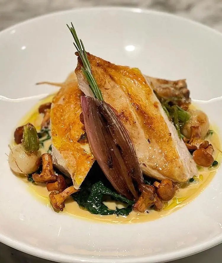 Fosse Meadow Chicken with Cavolo Nero, Braised Shallot, and Girolles