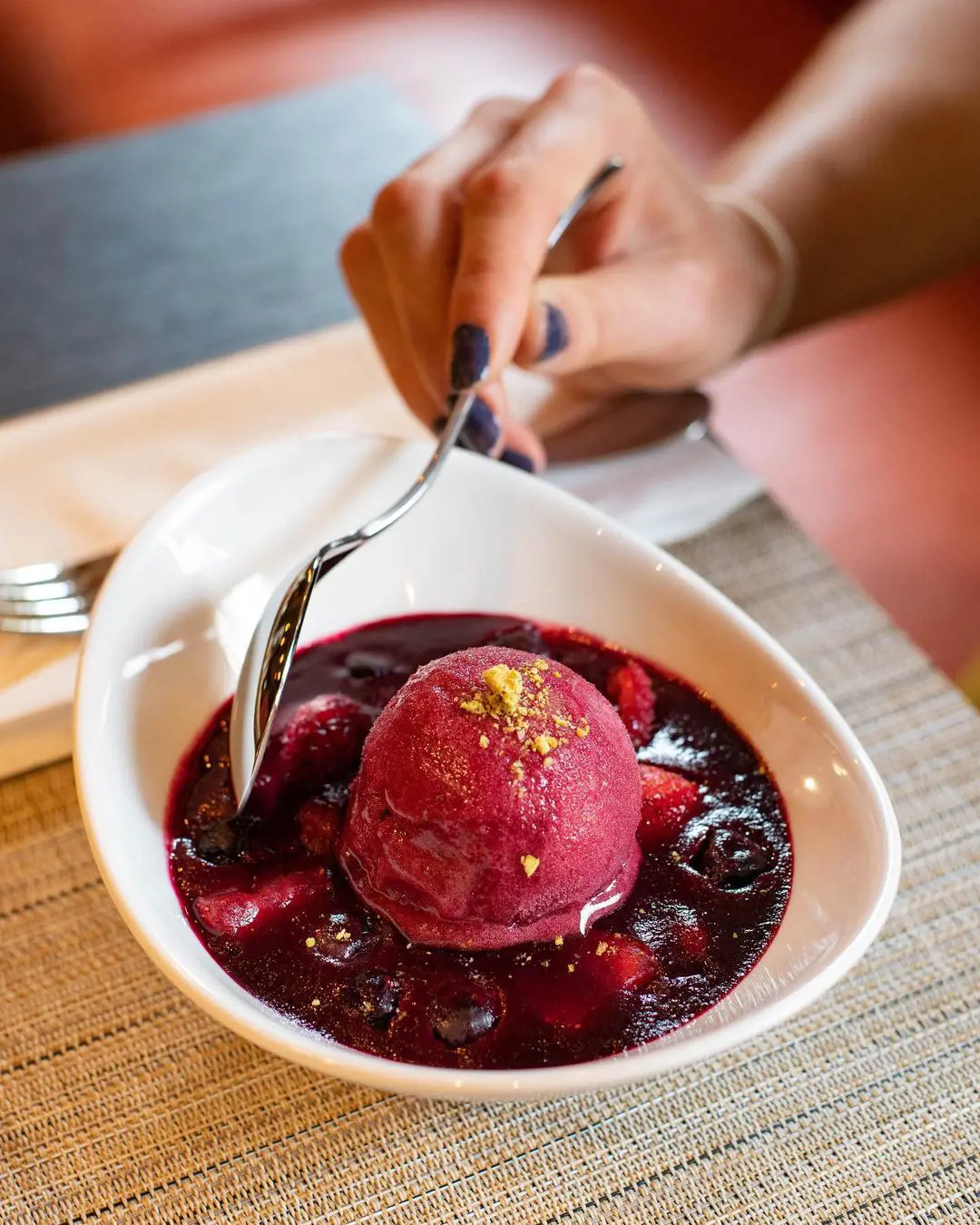 Zingy summer red berry jelly with blackcurrant sorbet