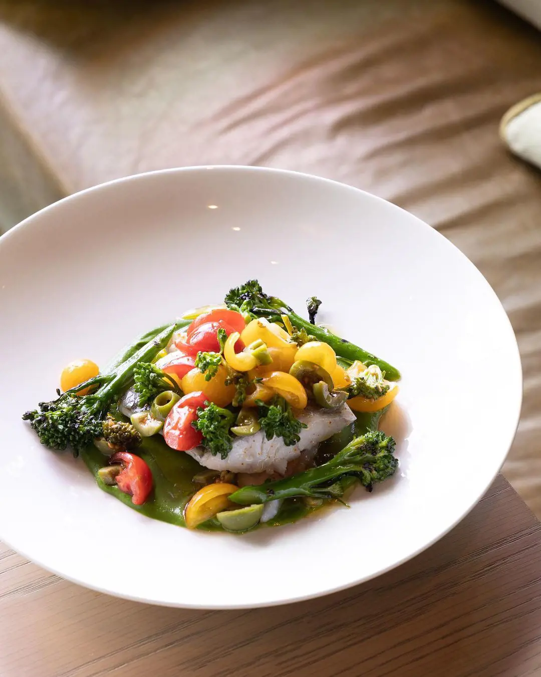 Seabass, with tenderstem broccoli and sauce vierge
