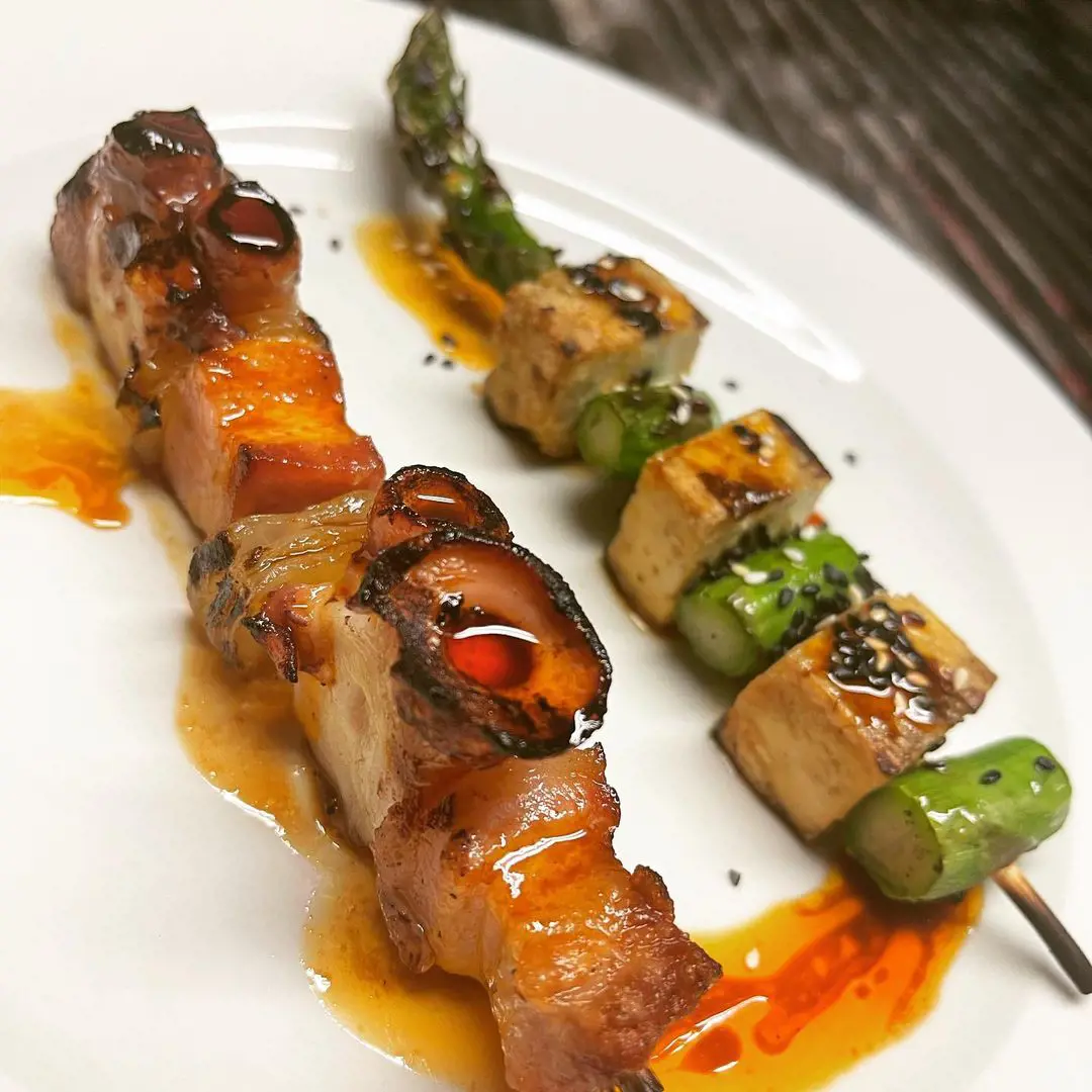 BAM BACON AND OCTOPUS SKEWER & ASPARAGUS & TOFU