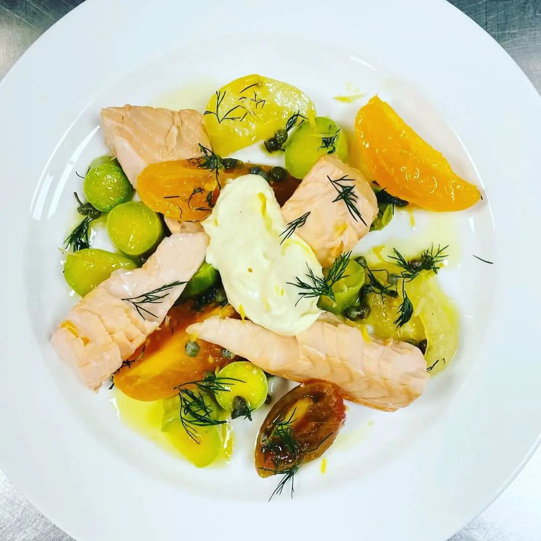 Salad of Cold Poached Salmon with courgettes, tomato, dill capers & aioli