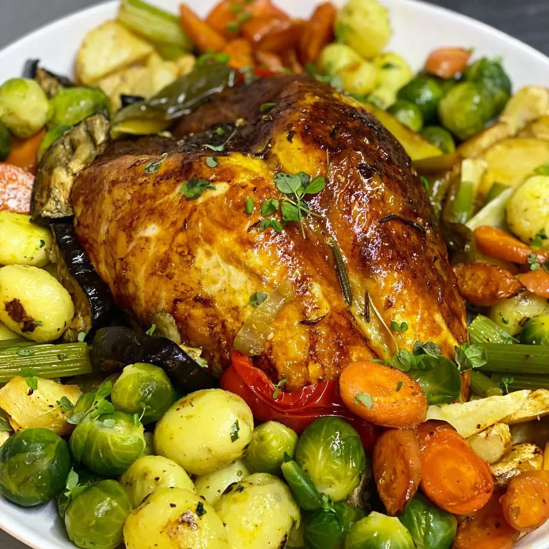 turkey with roasted potatoes, carrots, sprout and peppers